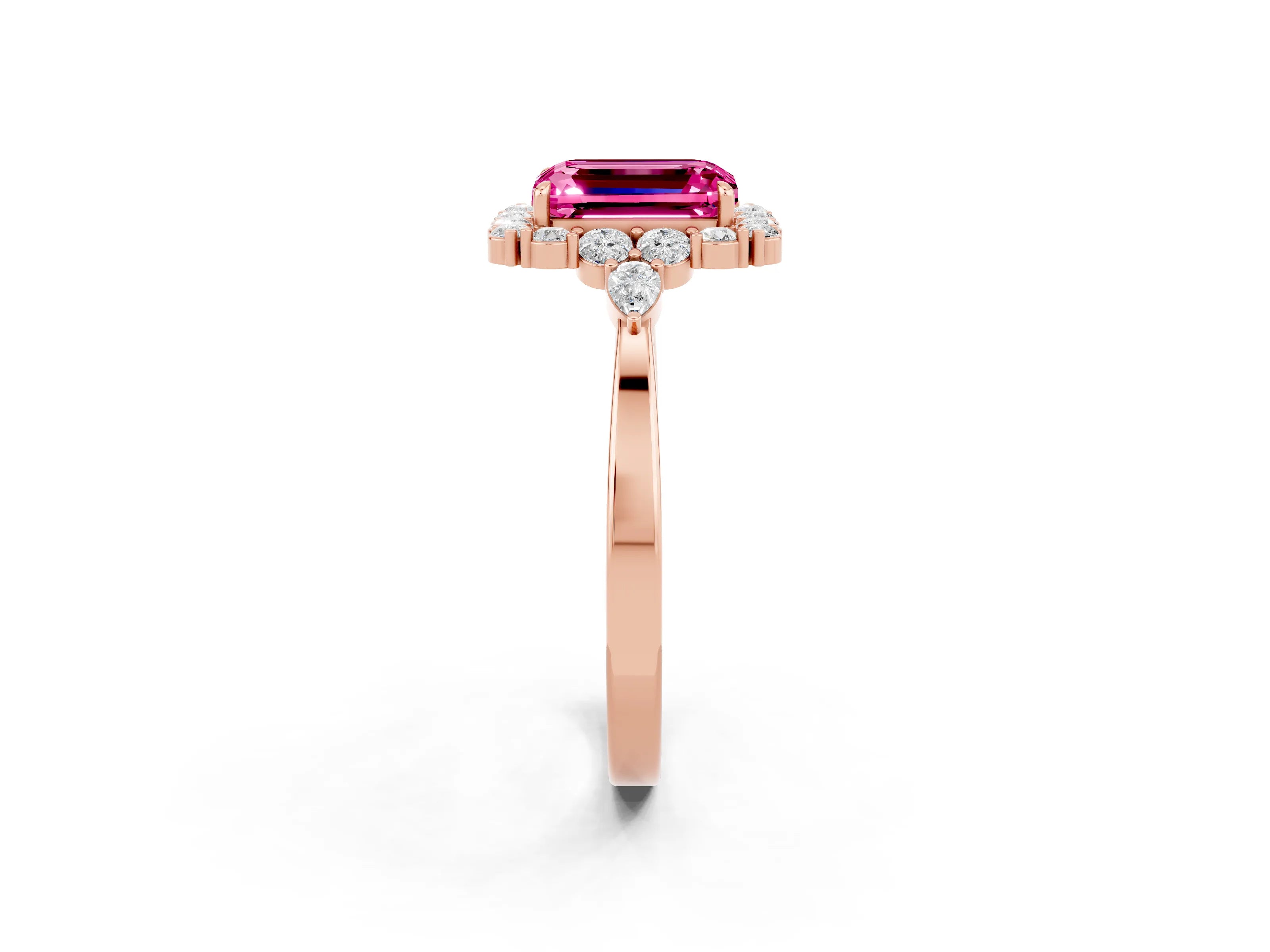 Rose gold Emerald Cut Pink Sapphire Halo Ring with Pear Side Stones and Prong Setting_14