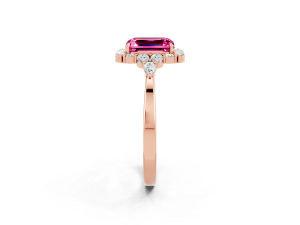 Rose gold Emerald Cut Pink Sapphire Halo Ring with Pear Side Stones and Prong Setting