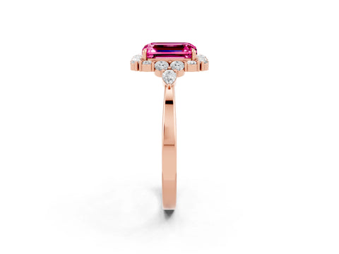 Rose gold Emerald Cut Pink Sapphire Halo Ring with Pear Side Stones and Prong Setting_14