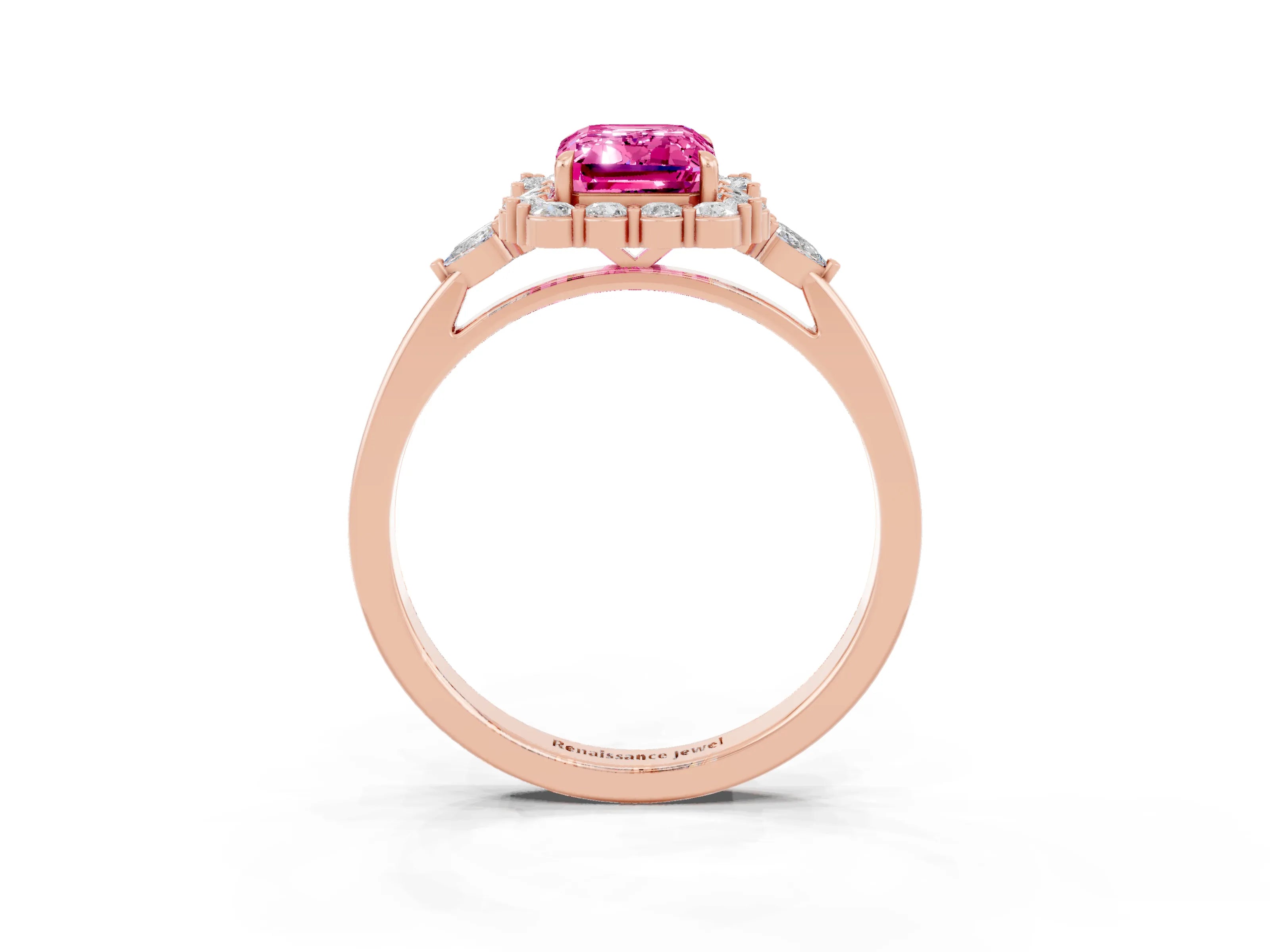 Rose gold Emerald Cut Pink Sapphire Halo Ring with Pear Side Stones and Prong Setting_15