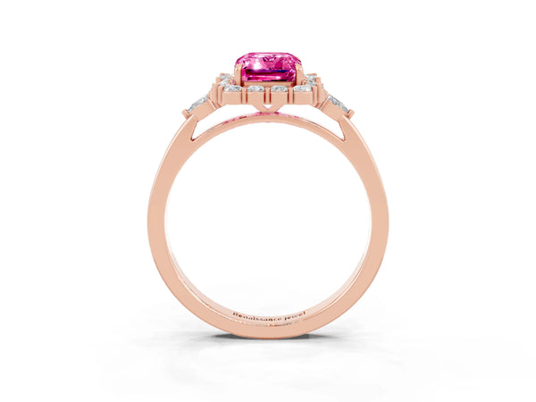Rose gold Emerald Cut Pink Sapphire Halo Ring with Pear Side Stones and Prong Setting