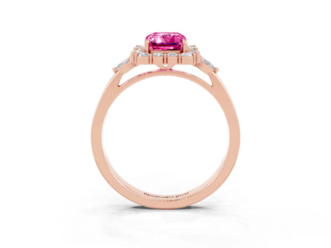 Rose gold Emerald Cut Pink Sapphire Halo Ring with Pear Side Stones and Prong Setting_15