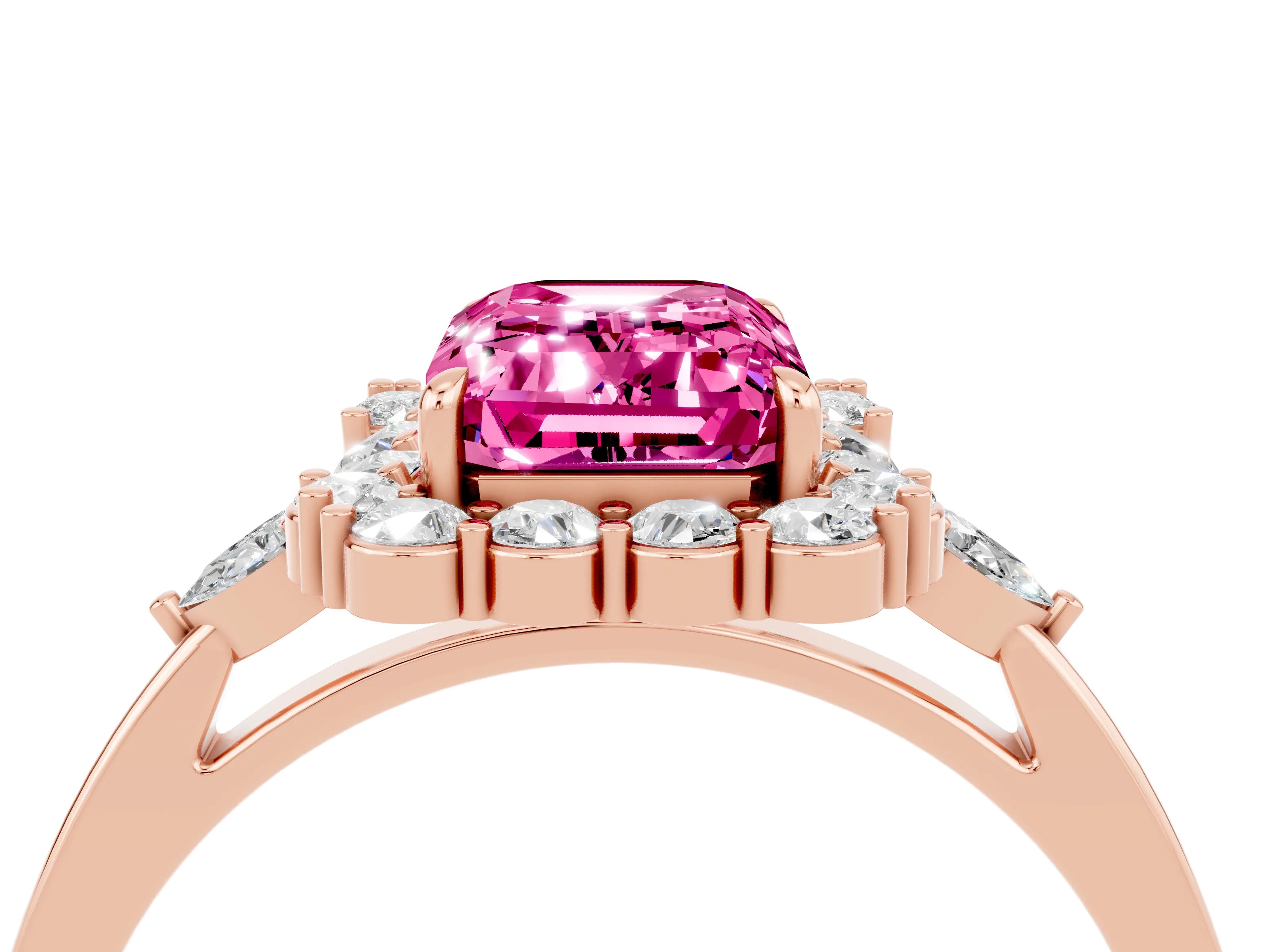Rose gold Emerald Cut Pink Sapphire Halo Ring with Pear Side Stones and Prong Setting_16