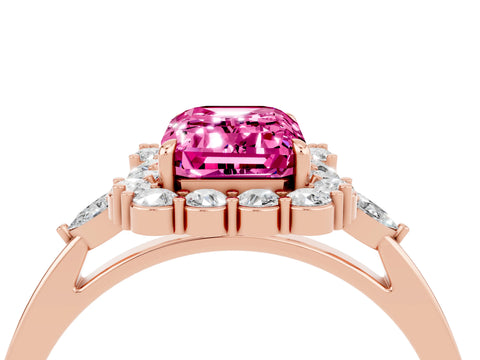 Rose gold Emerald Cut Pink Sapphire Halo Ring with Pear Side Stones and Prong Setting_16