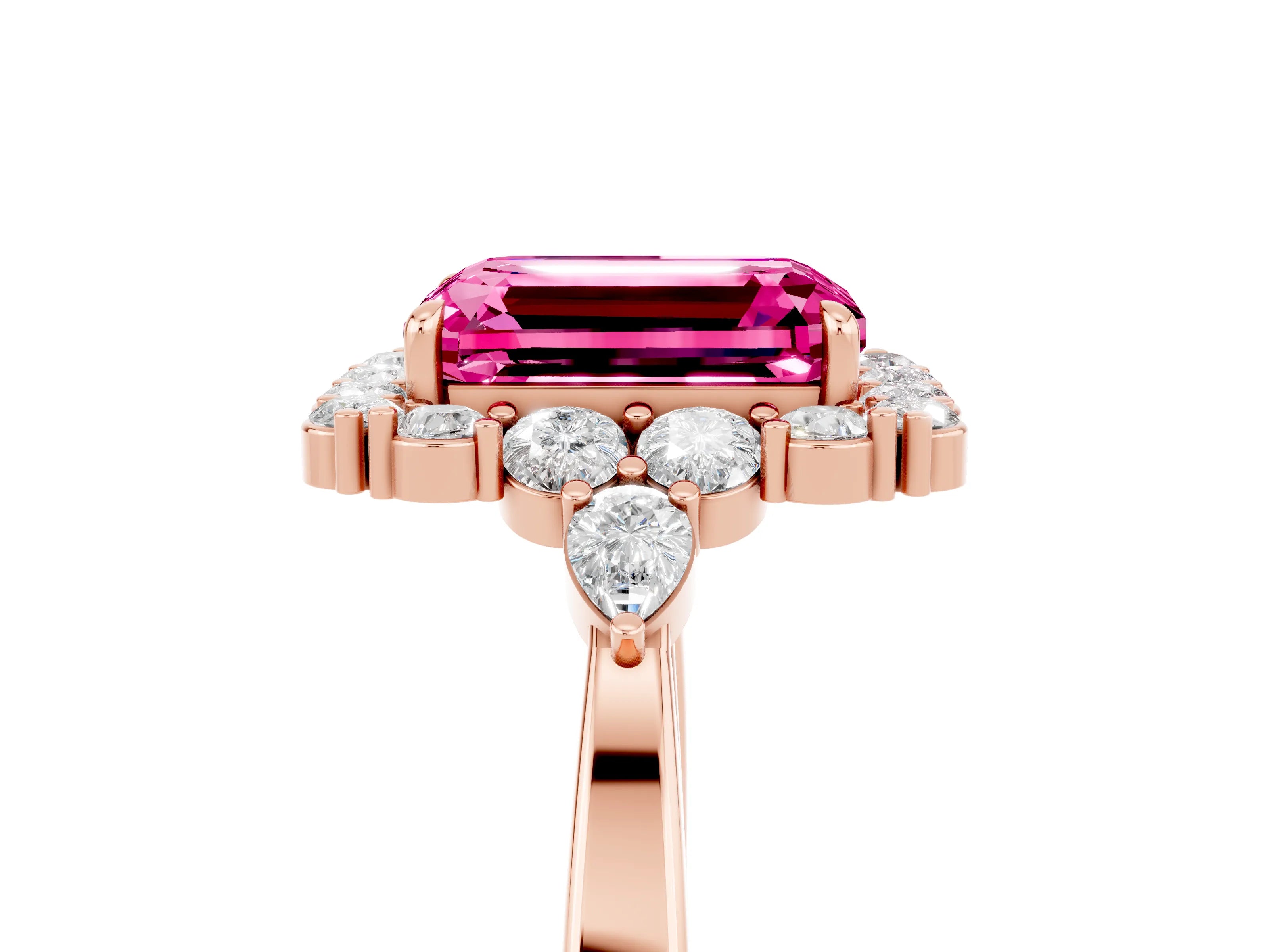 Rose gold Emerald Cut Pink Sapphire Halo Ring with Pear Side Stones and Prong Setting_17