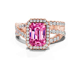 Rose gold Emerald Cut Pink Sapphire Halo Ring with Round Split Shank and Prong Setting_48