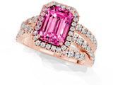 Rose gold Emerald Cut Pink Sapphire Halo Ring with Round Split Shank and Prong Setting_49