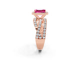 Rose gold Emerald Cut Pink Sapphire Halo Ring with Round Split Shank and Prong Setting_50