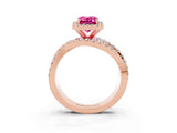 Rose gold Emerald Cut Pink Sapphire Halo Ring with Round Split Shank and Prong Setting_51