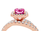 Rose gold Emerald Cut Pink Sapphire Halo Ring with Round Split Shank and Prong Setting_52