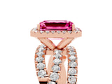 Rose gold Emerald Cut Pink Sapphire Halo Ring with Round Split Shank and Prong Setting_53