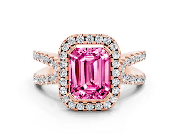 Rose gold Emerald Cut Pink Sapphire Halo Ring with Split Shank Pavé Band and Prong Setting