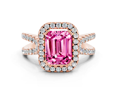 Rose gold Emerald Cut Pink Sapphire Halo Ring with Split Shank Pavé Band and Prong Setting_12