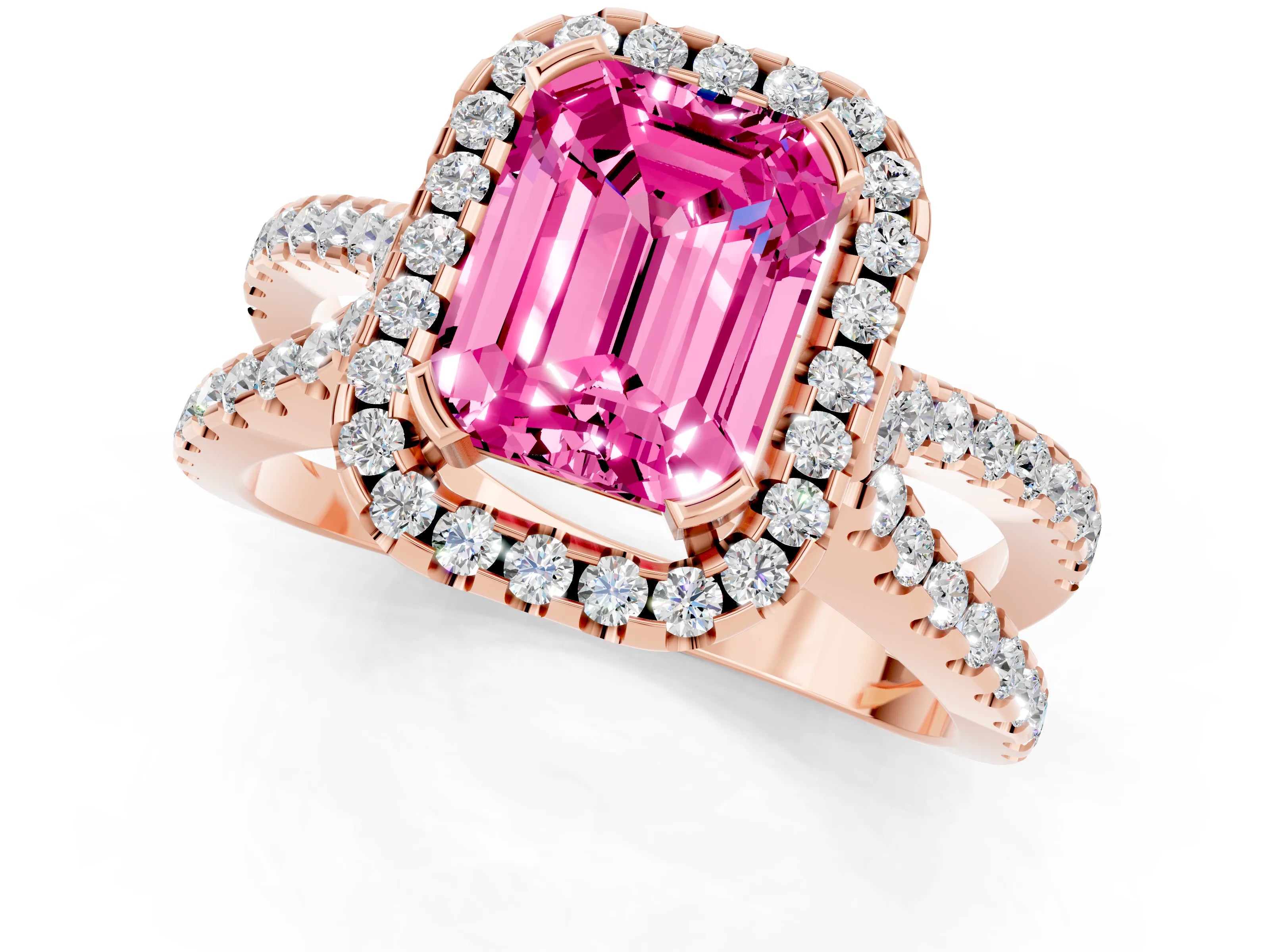 Rose gold Emerald Cut Pink Sapphire Halo Ring with Split Shank Pavé Band and Prong Setting_13