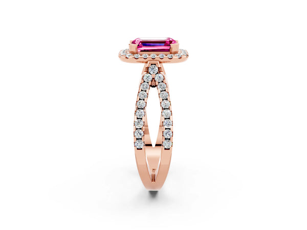Rose gold Emerald Cut Pink Sapphire Halo Ring with Split Shank Pavé Band and Prong Setting