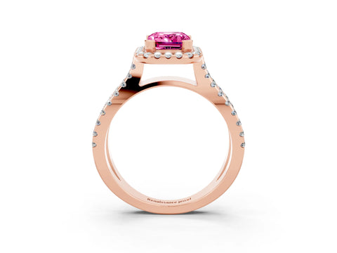 Rose gold Emerald Cut Pink Sapphire Halo Ring with Split Shank Pavé Band and Prong Setting_15