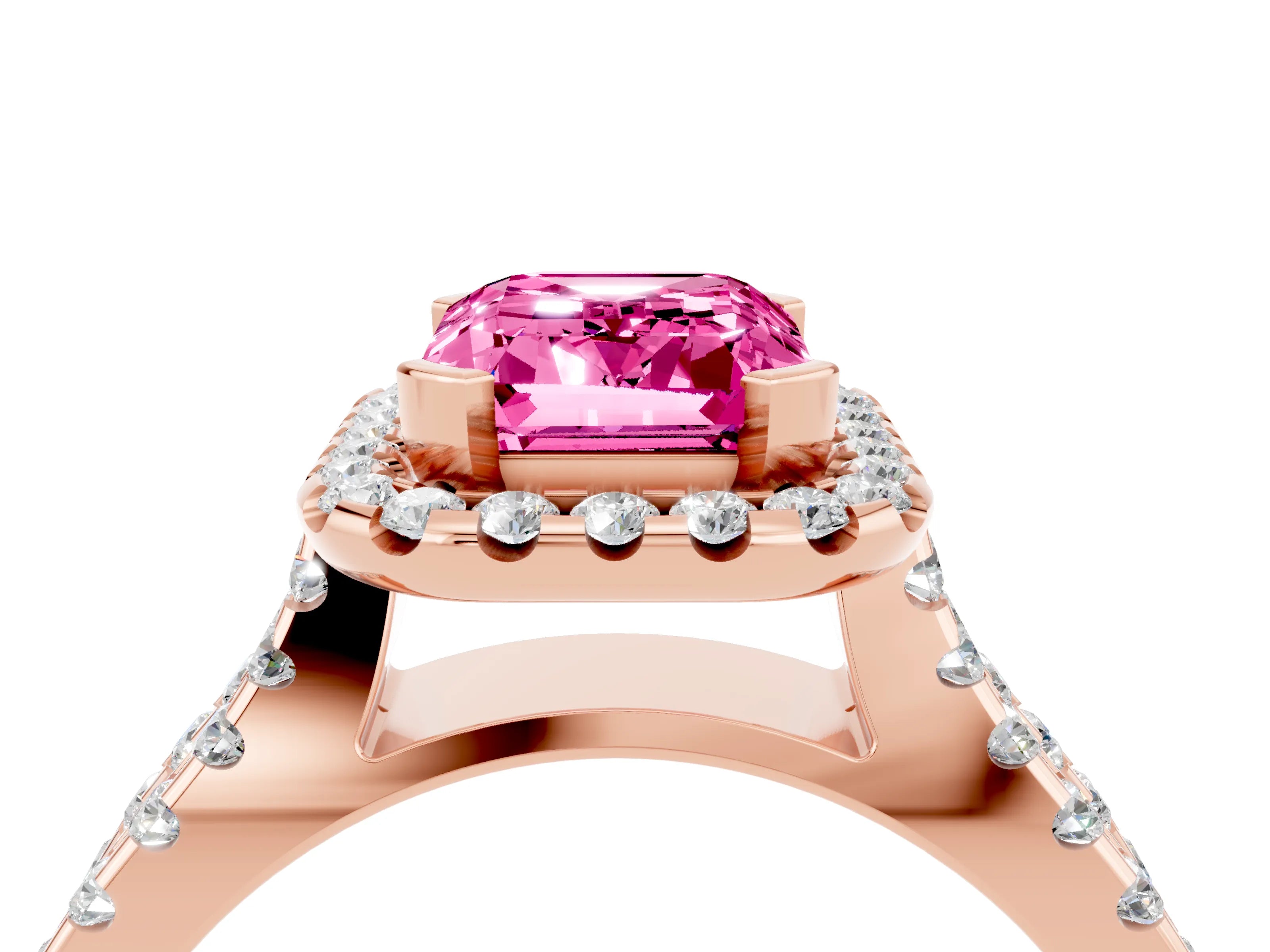 Rose gold Emerald Cut Pink Sapphire Halo Ring with Split Shank Pavé Band and Prong Setting_16