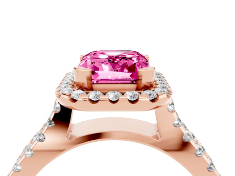 Rose gold Emerald Cut Pink Sapphire Halo Ring with Split Shank Pavé Band and Prong Setting_16