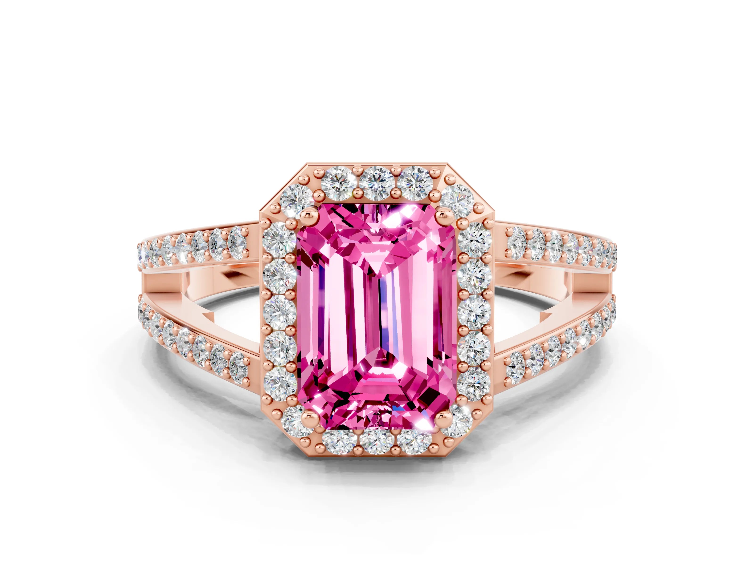 Rose gold Emerald Cut Pink Sapphire Halo Ring with Split Shank U-Prong Band and Four-Prong Setting