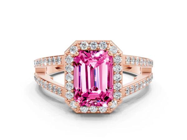 Rose gold Emerald Cut Pink Sapphire Halo Ring with Split Shank U-Prong Band and Four-Prong Setting