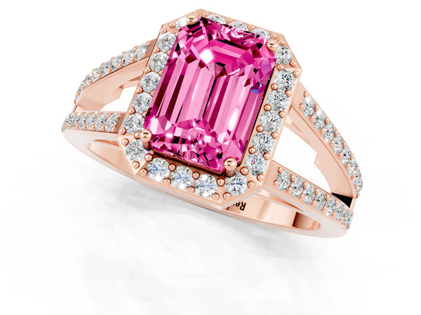 Rose gold Emerald Cut Pink Sapphire Halo Ring with Split Shank U-Prong Band and Four-Prong Setting