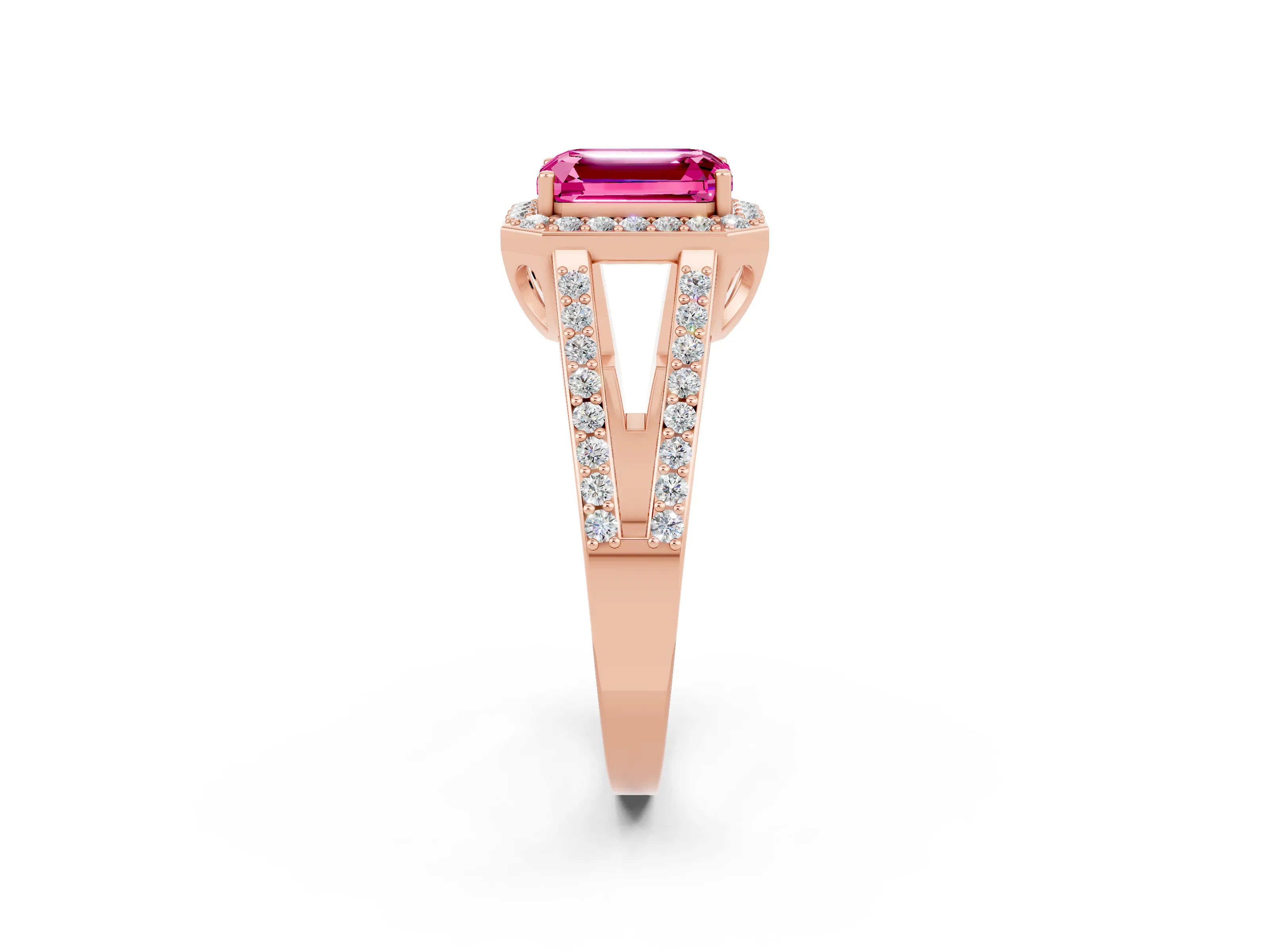 Rose gold Emerald Cut Pink Sapphire Halo Ring with Split Shank U-Prong Band and Four-Prong Setting_2