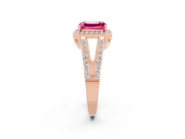 Rose gold Emerald Cut Pink Sapphire Halo Ring with Split Shank U-Prong Band and Four-Prong Setting