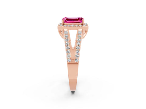 Rose gold Emerald Cut Pink Sapphire Halo Ring with Split Shank U-Prong Band and Four-Prong Setting_2