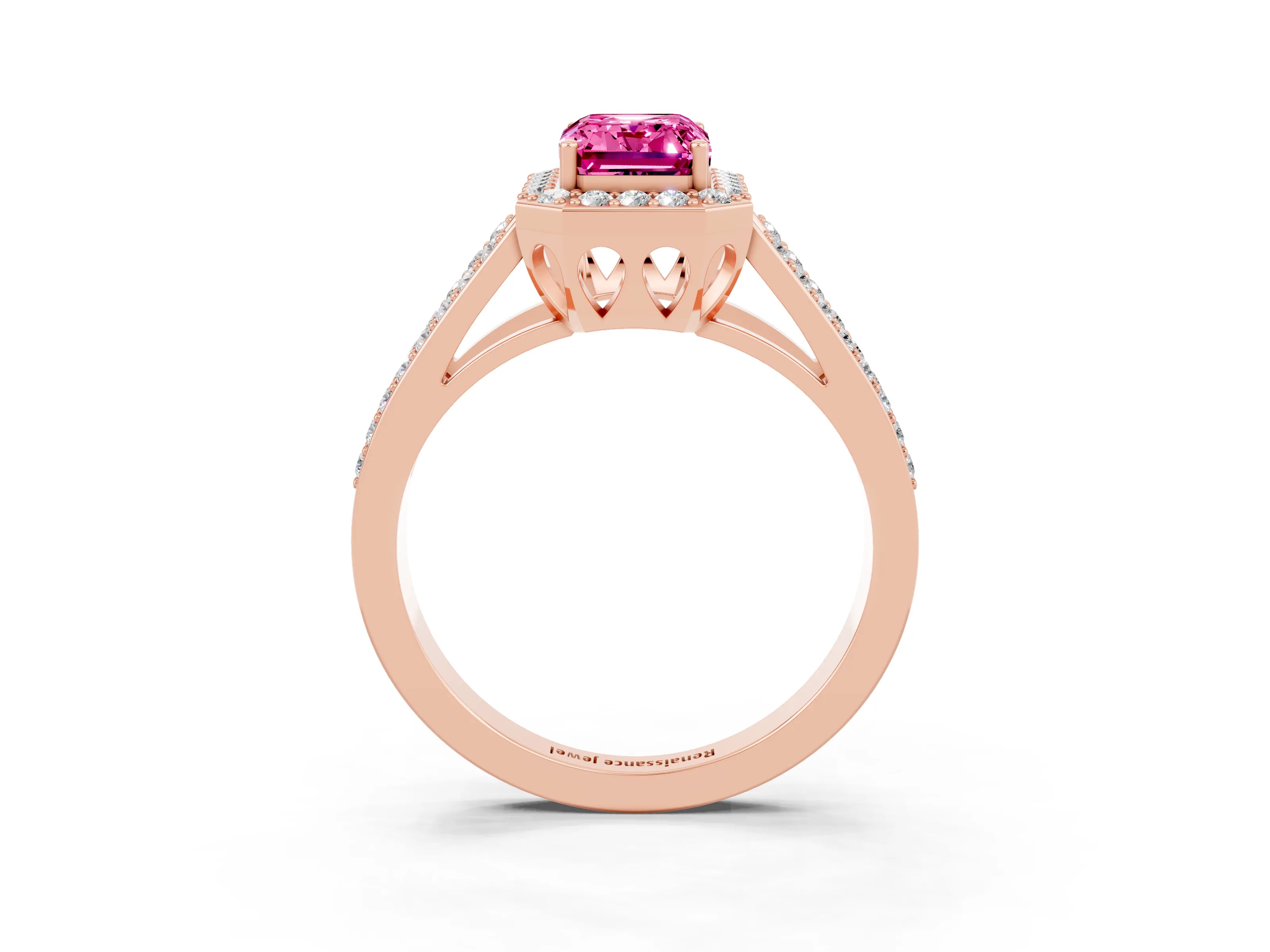 Rose gold Emerald Cut Pink Sapphire Halo Ring with Split Shank U-Prong Band and Four-Prong Setting_3