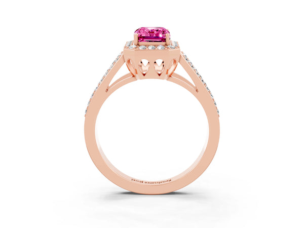 Rose gold Emerald Cut Pink Sapphire Halo Ring with Split Shank U-Prong Band and Four-Prong Setting