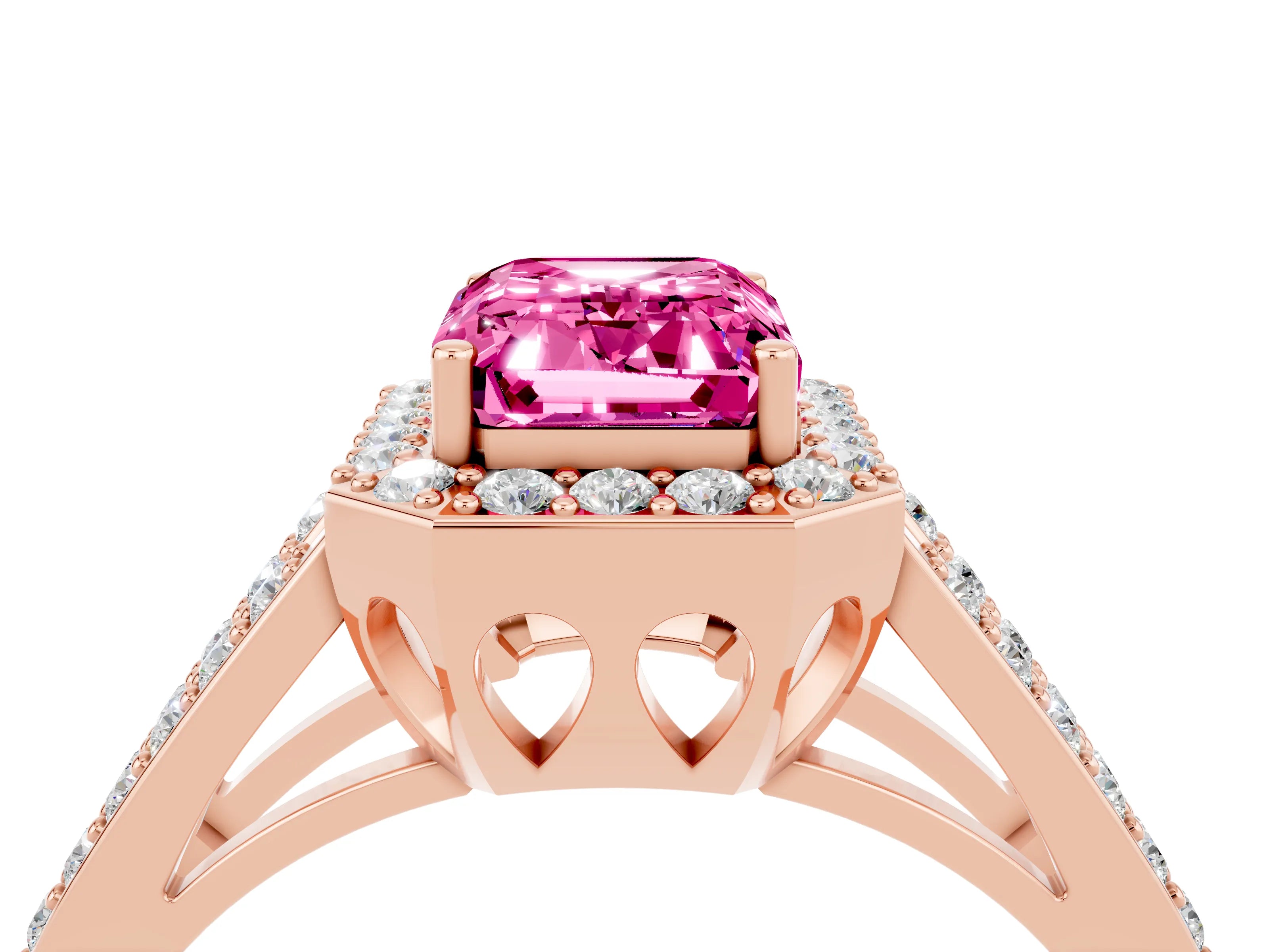 Rose gold Emerald Cut Pink Sapphire Halo Ring with Split Shank U-Prong Band and Four-Prong Setting_4