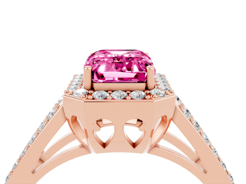 Rose gold Emerald Cut Pink Sapphire Halo Ring with Split Shank U-Prong Band and Four-Prong Setting_4