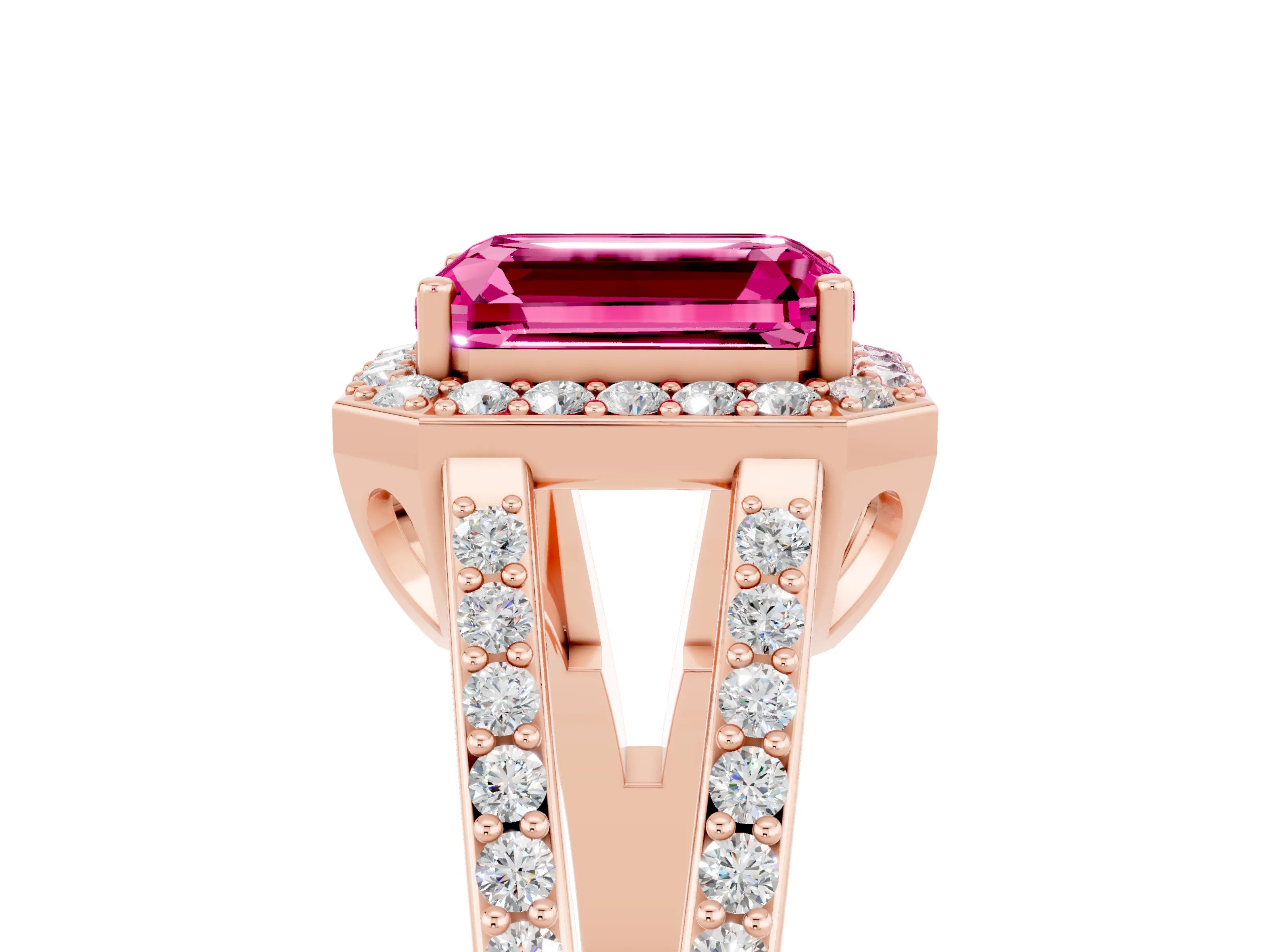 Rose gold Emerald Cut Pink Sapphire Halo Ring with Split Shank U-Prong Band and Four-Prong Setting_5