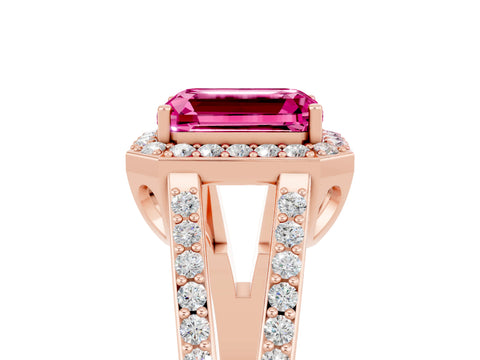 Rose gold Emerald Cut Pink Sapphire Halo Ring with Split Shank U-Prong Band and Four-Prong Setting_5