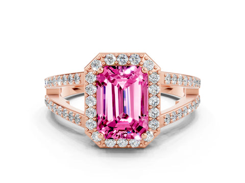 Rose gold Emerald Cut Pink Sapphire Halo Ring with Split Shank U-Prong Band and Four-Prong Setting