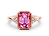 Rose gold Emerald Cut Pink Sapphire Halo Ring with Tapered Band and Four-Prong Setting