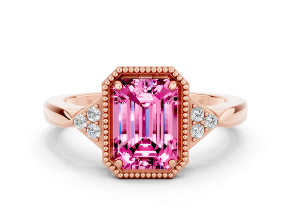 Rose gold Emerald Cut Pink Sapphire Halo Ring with Tapered Band and Four-Prong Setting