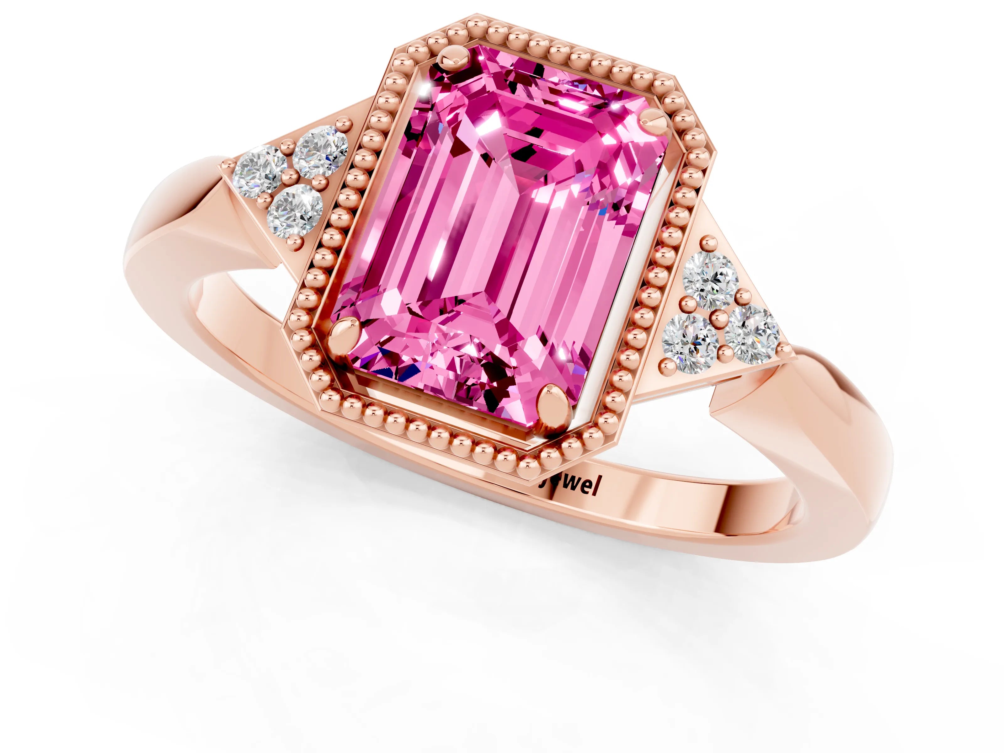 Rose gold Emerald Cut Pink Sapphire Halo Ring with Tapered Band and Four-Prong Setting_1