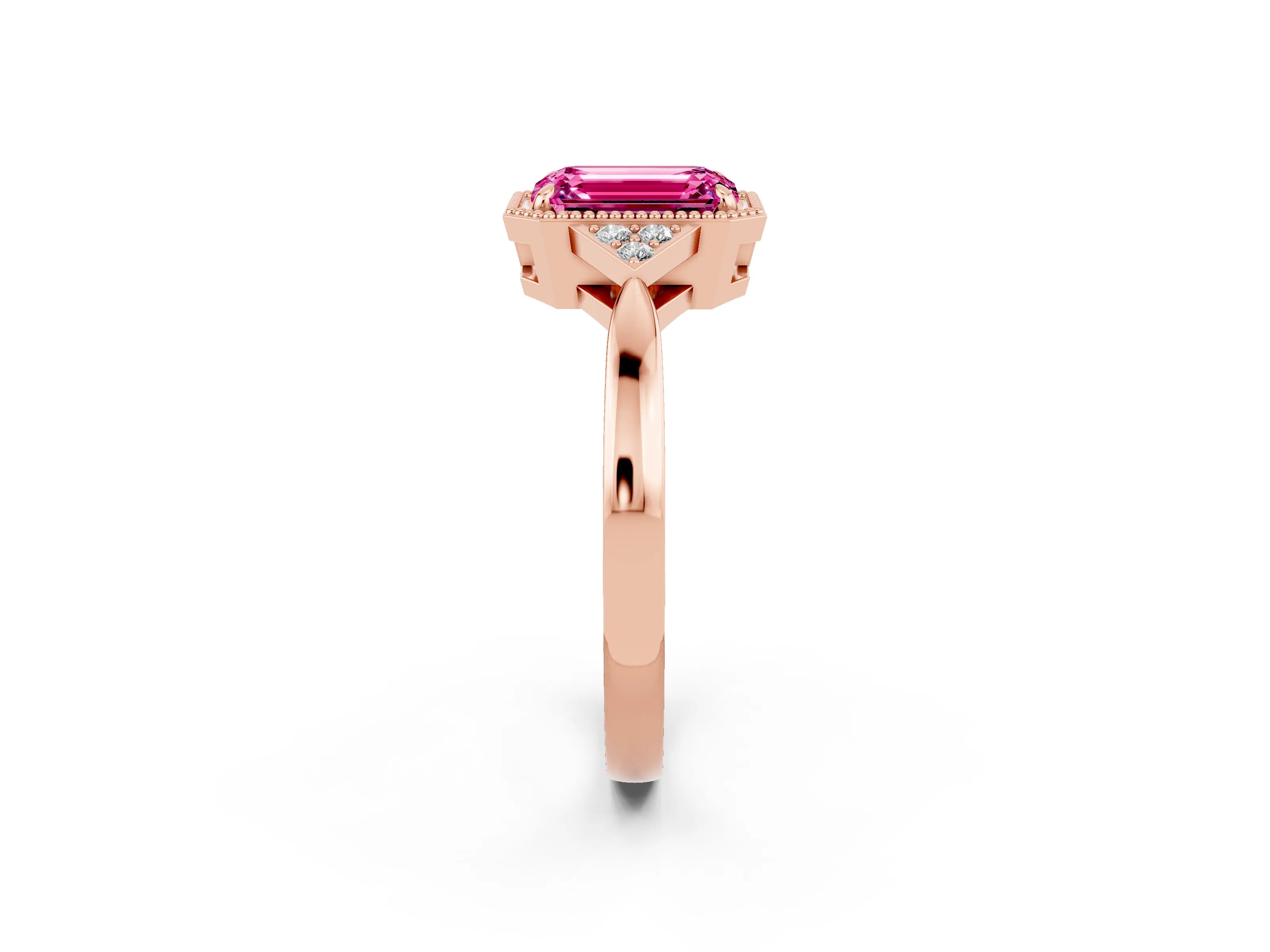 Rose gold Emerald Cut Pink Sapphire Halo Ring with Tapered Band and Four-Prong Setting_2