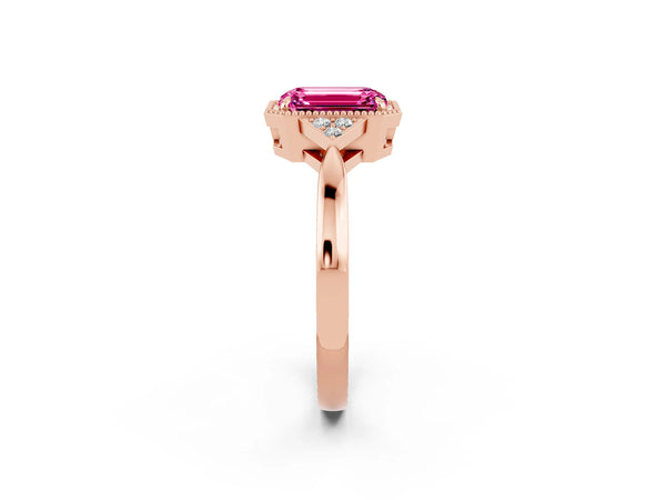Rose gold Emerald Cut Pink Sapphire Halo Ring with Tapered Band and Four-Prong Setting