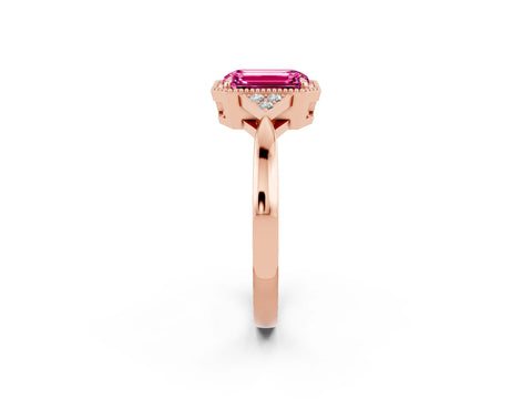 Rose gold Emerald Cut Pink Sapphire Halo Ring with Tapered Band and Four-Prong Setting_2