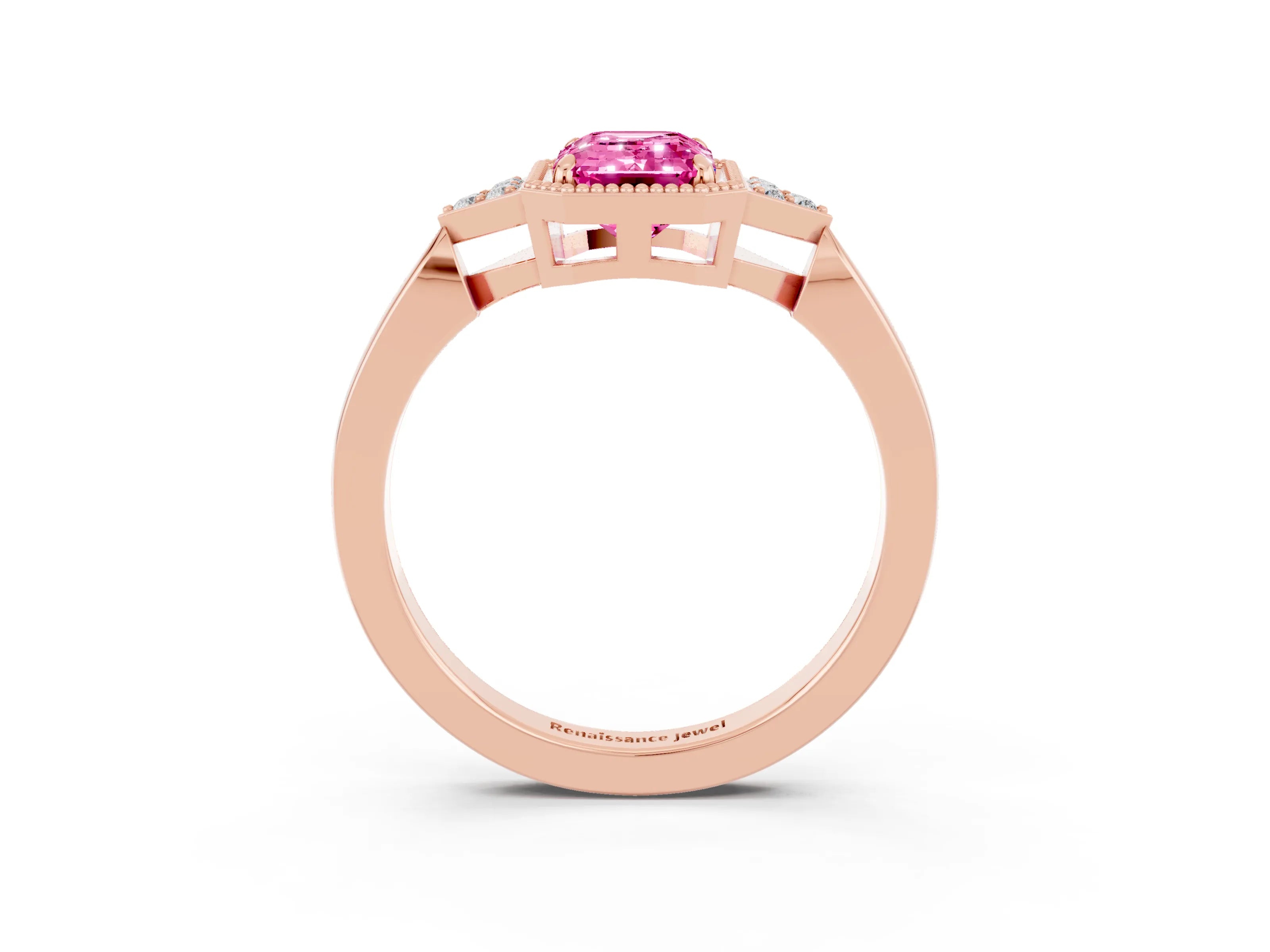 Rose gold Emerald Cut Pink Sapphire Halo Ring with Tapered Band and Four-Prong Setting_3