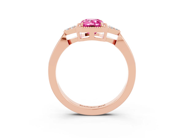 Rose gold Emerald Cut Pink Sapphire Halo Ring with Tapered Band and Four-Prong Setting
