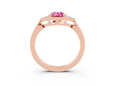 Rose gold Emerald Cut Pink Sapphire Halo Ring with Tapered Band and Four-Prong Setting_3