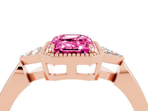 Rose gold Emerald Cut Pink Sapphire Halo Ring with Tapered Band and Four-Prong Setting_4