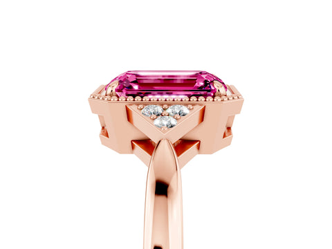 Rose gold Emerald Cut Pink Sapphire Halo Ring with Tapered Band and Four-Prong Setting_5