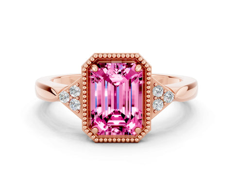 Rose gold Emerald Cut Pink Sapphire Halo Ring with Tapered Band and Four-Prong Setting