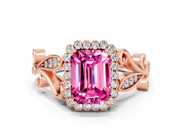Rose gold Emerald Cut Pink Sapphire Halo Ring with Vintage Split Shank and Four-Prong Setting