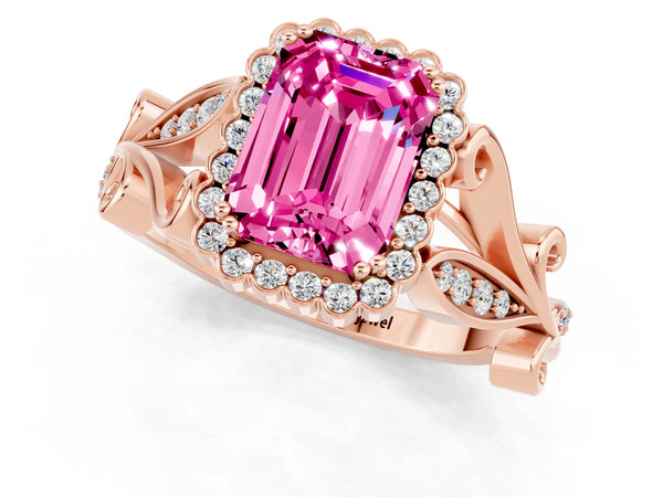 Rose gold Emerald Cut Pink Sapphire Halo Ring with Vintage Split Shank and Four-Prong Setting