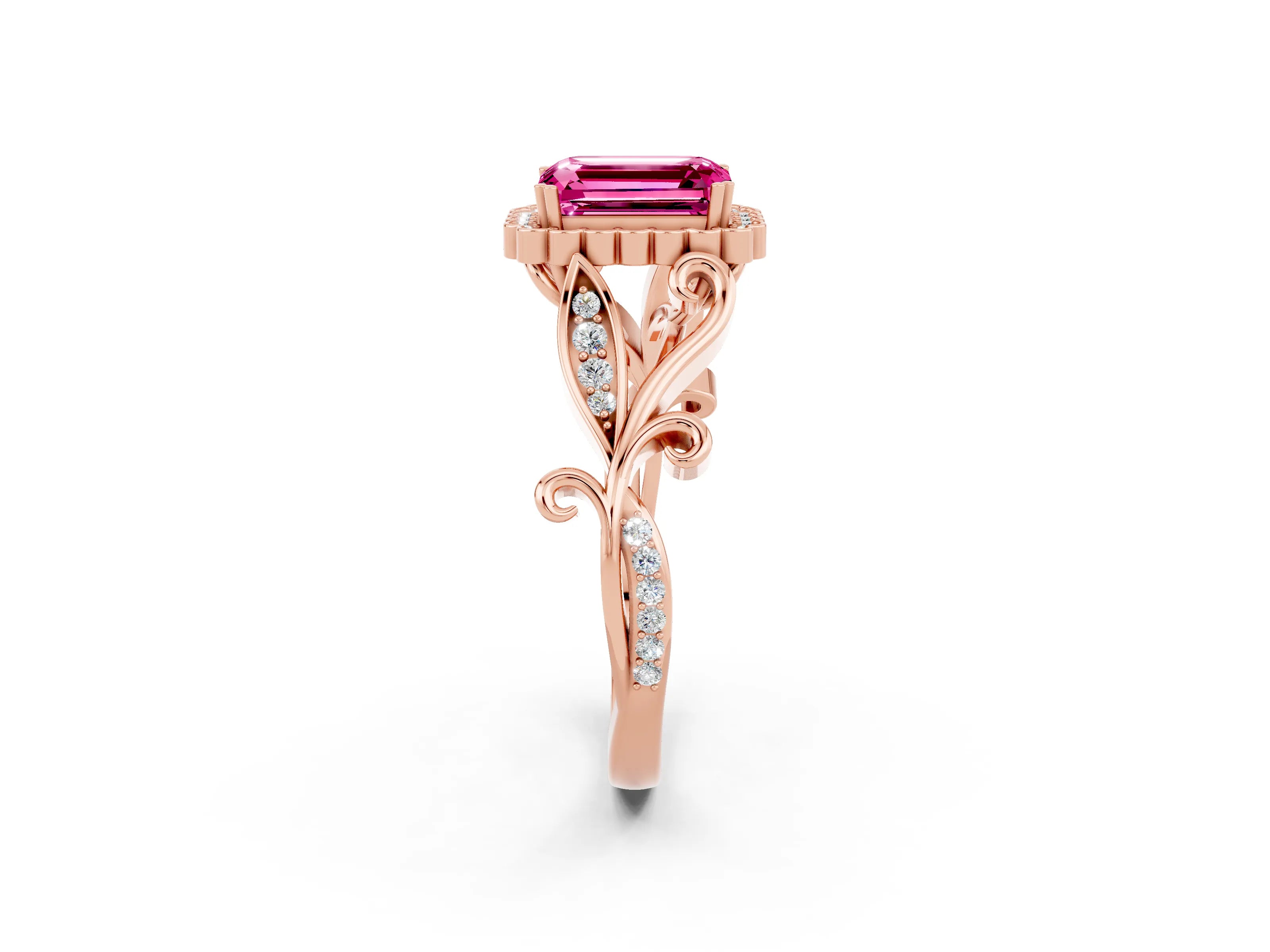 Rose gold Emerald Cut Pink Sapphire Halo Ring with Vintage Split Shank and Four-Prong Setting_2